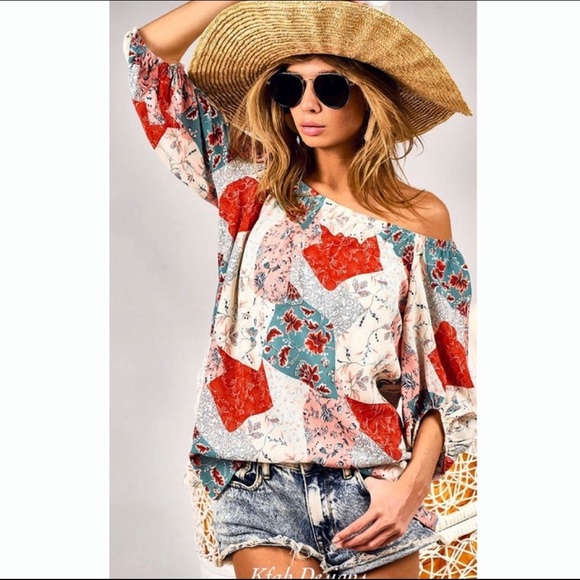 New!Clearance 🔥Boho Floral Patchwork Woven Off Shoulder Ballon Sleeve Soft Top - Picture 8 of 16